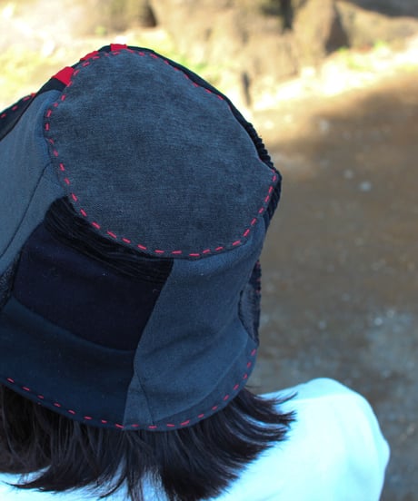 "決意" Black patchwork with Red Stitch hat, Rebuild by vintages