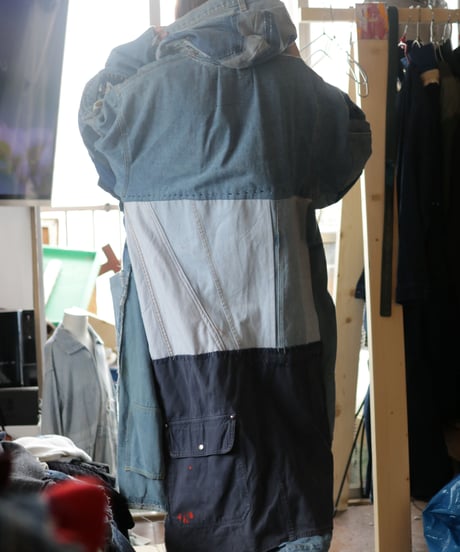 "青のデニムモッズコート" Blue denim mods coat