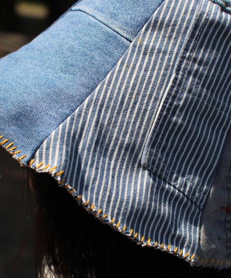 "両A面の青色彩" Blue Patchwork With Rainbow reversible hat, Rebuild by vintages