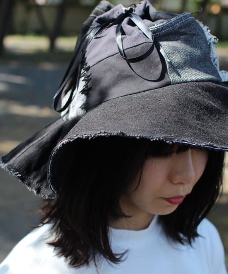 "黒い蕾" Black Patchwork Flower hat with Ribbon, Rebuild by vintages