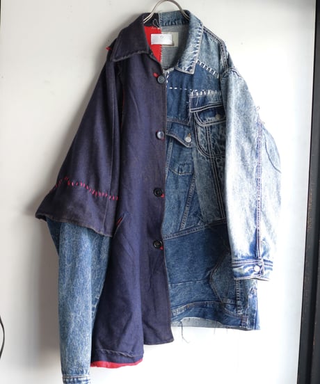 "赤が覗く夜" night with red gaze coat, reconstructed from french cloak and denim vintages