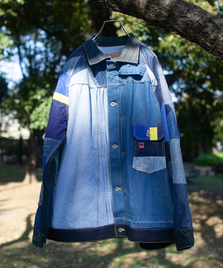 《nisai × soma komatsuno》"おわらない青、時々黄" Patchwork oversized jacket, Rebuild by vintage denims