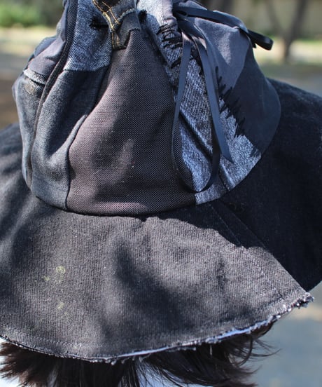 "黒い蕾" Black Patchwork Flower hat with Ribbon, Rebuild by vintages