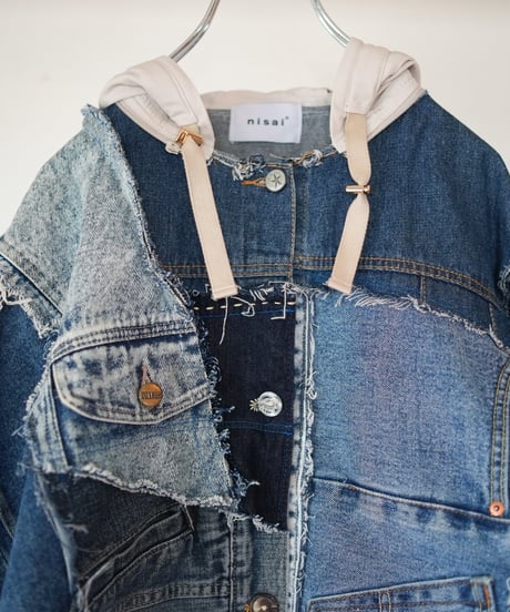 "ブルーグランジフーディーショートジャケット" Blue grunge hoodie short jacekt, Rebuild by vintages