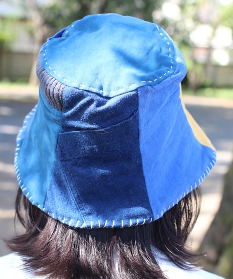 "希望" Hope Yellow on Patchwork Blue hat, Rebuild by vintages