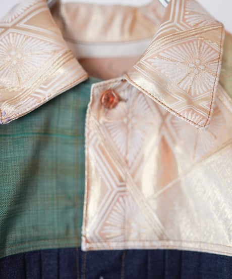 《nisai × soma komatsuno》"藍と黄金と緑" Patchwork Denim jacket, Rebuild by vintage kimono