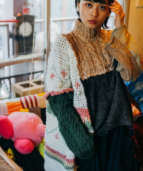 "六分の一、ショート" Rebuild Knit with RIBBONS, FLOWERS and FRINGE.