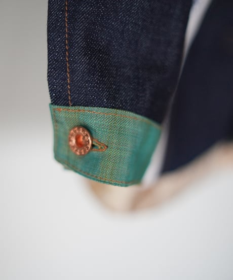 《nisai × soma komatsuno》"藍と黄金と緑" Patchwork Denim jacket, Rebuild by vintage kimono