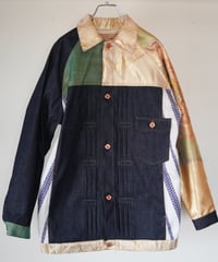 《nisai × soma komatsuno》"藍と黄金と緑" Patchwork Denim jacket, Rebuild by vintage kimono