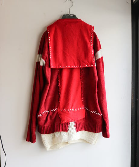 "少年とセーラーとMA-1" Boy, sailor and MA-1 knit, reconstructed from red knit vintages