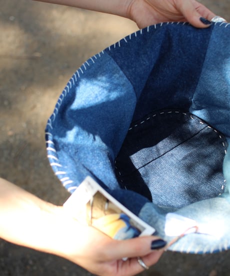 "希望" Hope Yellow on Patchwork Blue hat, Rebuild by vintages