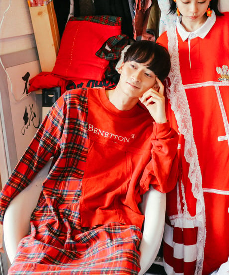 "ボーイフレンド・レッドワンピース" Red Dress one-piece for boyfriend, rebuild from vintages
