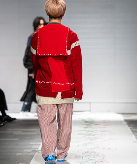 "少年とセーラーとMA-1" Boy, sailor and MA-1 knit, reconstructed from red knit vintages