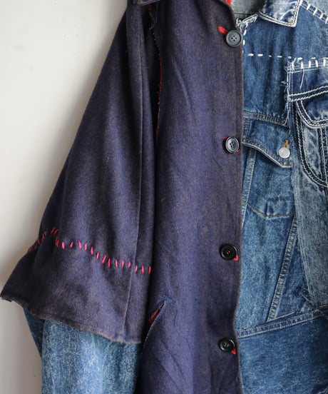"赤が覗く夜" night with red gaze coat, reconstructed from french cloak and denim vintages