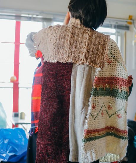 "六分の一、ショート" Rebuild Knit with RIBBONS, FLOWERS and FRINGE.