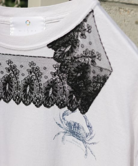 "少し大人になったあなたへ" Reconstructed dress with Hand-silkscreen with Black antique laces