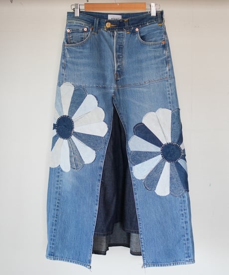 "花開くデニムスカート" blooming flowers denim skirt, Rebuild by vintages