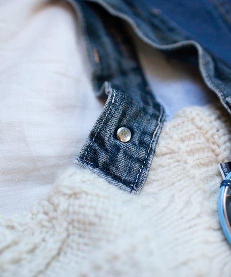 "つぎはぎのデニムニットフードマフラー 第六色" Patchwork denim knit hooded muffler, Rebuild by vintages