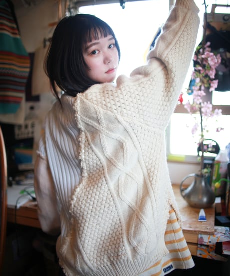 "少女水色グランジ" Girl light blue grunge Knit, Rebuild by vintages