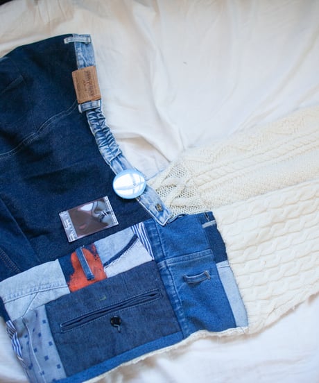"つぎはぎのデニムニットフードマフラー 第一色" Patchwork denim knit hooded muffler, Rebuild by vintages