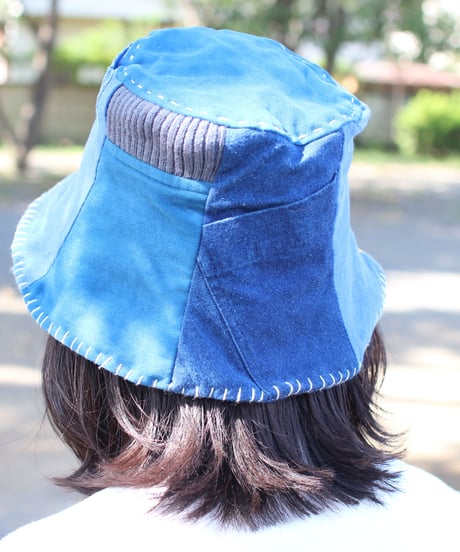 "希望" Hope Yellow on Patchwork Blue hat, Rebuild by vintages
