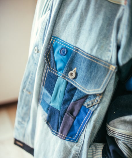 《nisai × soma komatsuno》"おわらない青 遊青編" Patchwork oversized jacket, Rebuild by vintage denims
