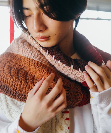 "手紡ぎとフランス" Vintage knit Rebuild Muffler by French antique and Hand-spun yarn Stitch