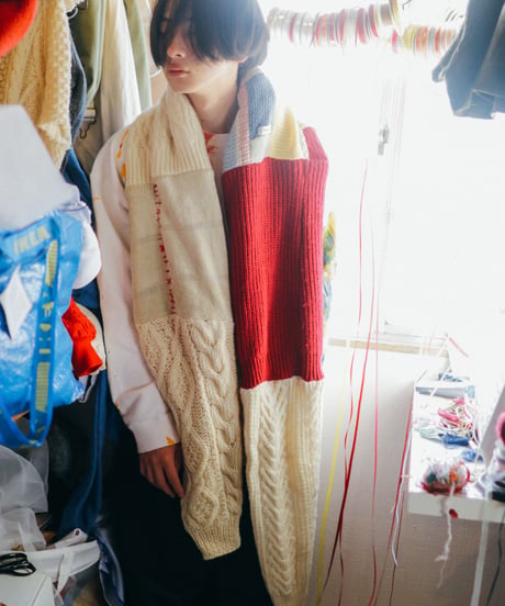 "赤手紡ぎ糸の手縫いステッチ" Vintage knit Rebuild Muffler by Red Hand-spun yarn Stitch