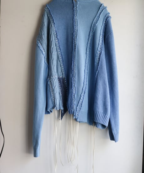 "リボンと狐の嫁入り" SUNNYRAIN AND RIBBONS, reconstructed from blue cotton knit vintages