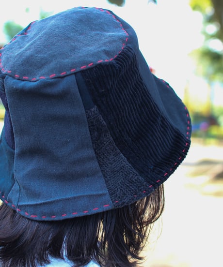 "決意" Black patchwork with Red Stitch hat, Rebuild by vintages