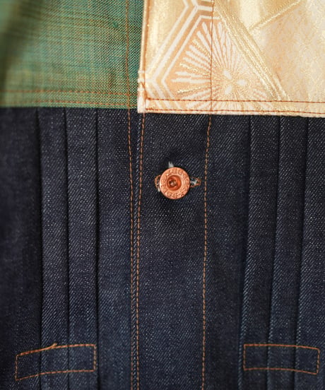 《nisai × soma komatsuno》"藍と黄金と緑" Patchwork Denim jacket, Rebuild by vintage kimono