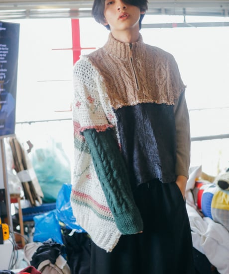 "六分の一、ショート" Rebuild Knit with RIBBONS, FLOWERS and FRINGE.
