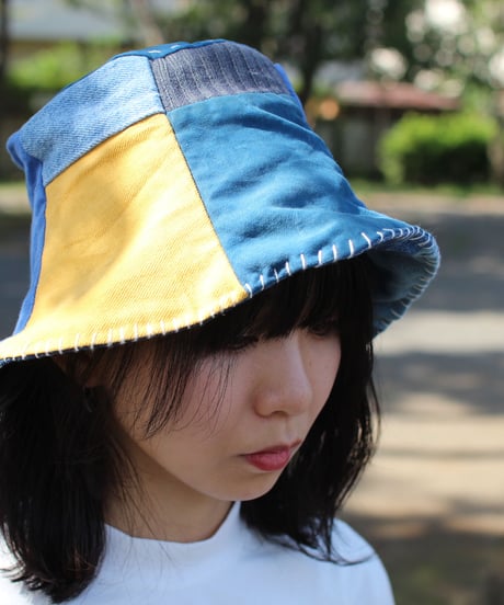 "希望" Hope Yellow on Patchwork Blue hat, Rebuild by vintages