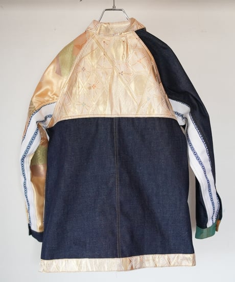 《nisai × soma komatsuno》"藍と黄金と緑" Patchwork Denim jacket, Rebuild by vintage kimono