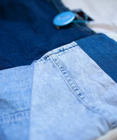"つぎはぎのデニムニットフードマフラー 第五色" Patchwork denim knit hooded muffler, Rebuild by vintages
