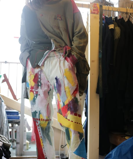 "偽装する虹" Fake stitch painted pants, Based on Bleach vintage denim