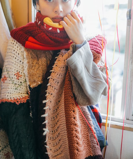 "手紡ぎとフランス" Vintage knit Rebuild Muffler by French antique and Hand-spun yarn Stitch