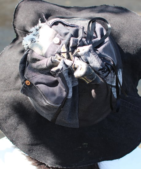 "黒い蕾" Black Patchwork Flower hat with Ribbon, Rebuild by vintages