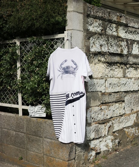 "少し大人になったあなたへ" Reconstructed dress with Hand-silkscreen with Black antique laces