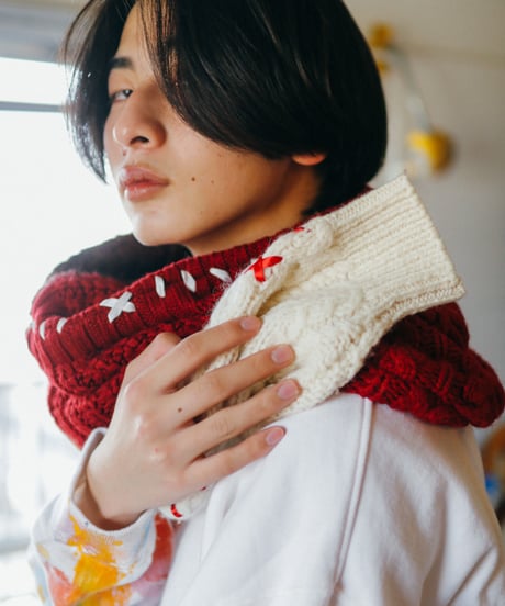 "手紡ぎとフランス" Vintage knit Rebuild Muffler by French antique and Hand-spun yarn Stitch