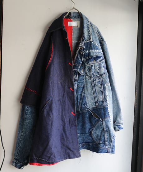 "赤が覗く夜" night with red gaze coat, reconstructed from french cloak and denim vintages