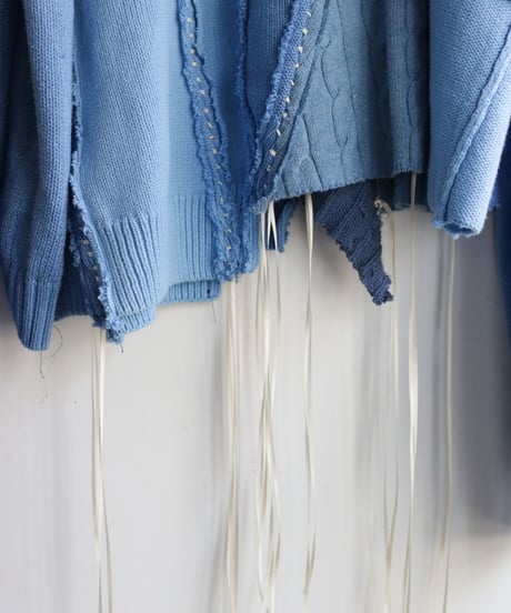 "リボンと狐の嫁入り" SUNNYRAIN AND RIBBONS, reconstructed from blue cotton knit vintages