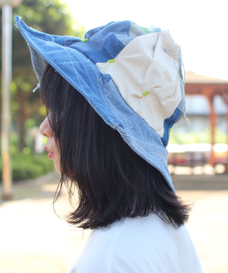 "江ノ島" Blue with Green Patchwork Flower hat, Rebuild by vintages
