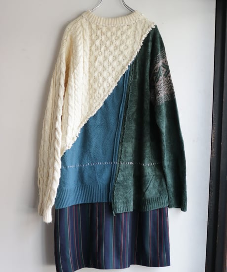 "雨上がりの緑" Green after the rain, reconstructed from knit and jacket vintages