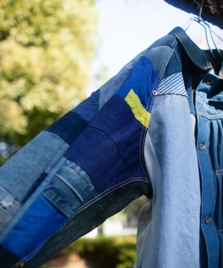 《nisai × soma komatsuno》"おわらない青、時々黄" Patchwork oversized jacket, Rebuild by vintage denims