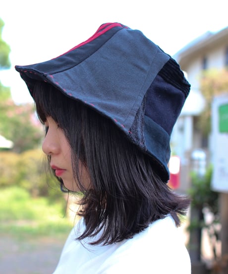 "決意" Black patchwork with Red Stitch hat, Rebuild by vintages