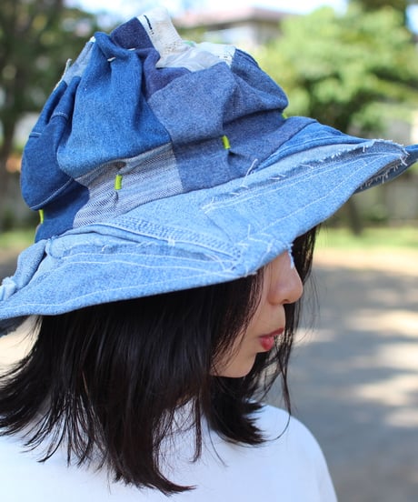 "江ノ島" Blue with Green Patchwork Flower hat, Rebuild by vintages