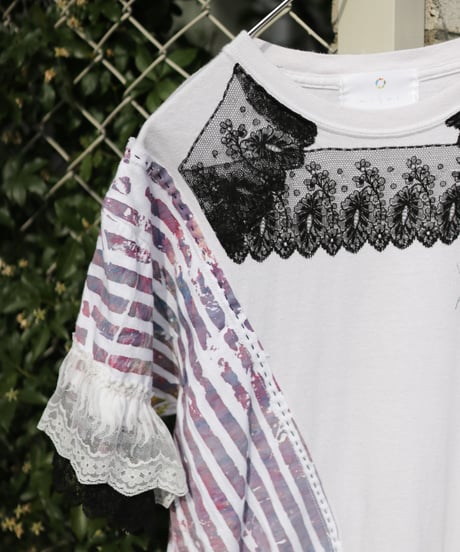 "少し大人になったあなたへ" Reconstructed dress with Hand-silkscreen with Black antique laces