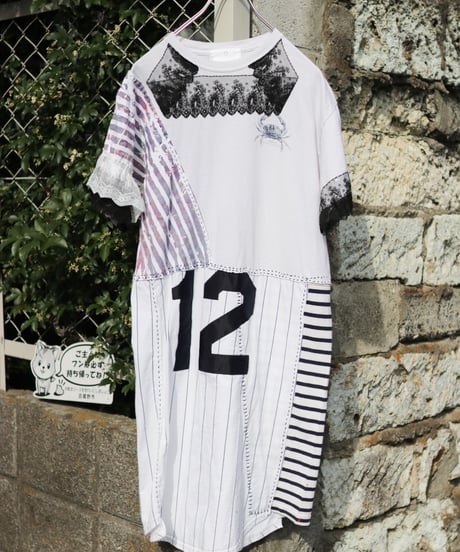 "少し大人になったあなたへ" Reconstructed dress with Hand-silkscreen with Black antique laces