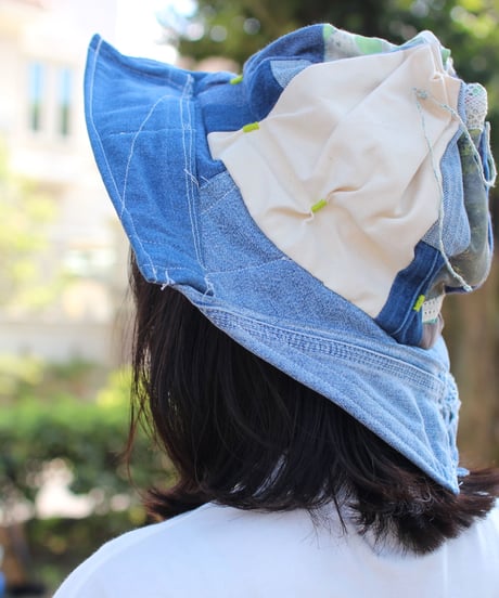 "江ノ島" Blue with Green Patchwork Flower hat, Rebuild by vintages
